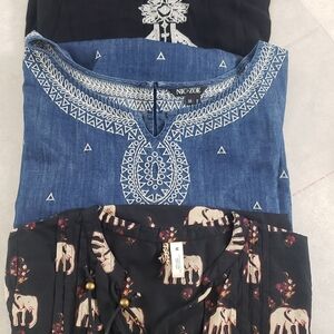 3pc Bundle Blue and Black Embroidered Tops Medium Boho Chic Loose Comfy
